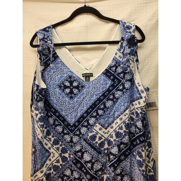 Nina Leonard Dress 1X Blue Geo Print Sleeveless Short Vneck Aline knee length - Picture 7 of 11